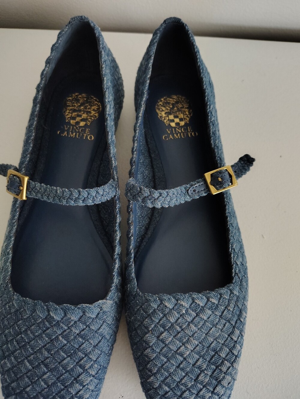 Vince Camuto Women's Sz 8 Blue Woven Denim Look Mary Jane Flats Square Toe - Picture 4 of 10